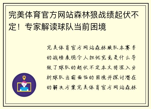 完美体育官方网站森林狼战绩起伏不定！专家解读球队当前困境