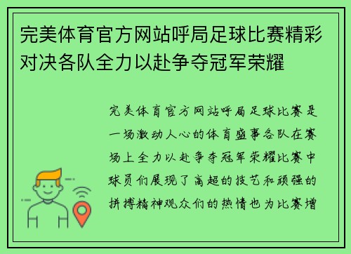 完美体育官方网站呼局足球比赛精彩对决各队全力以赴争夺冠军荣耀