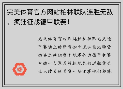 完美体育官方网站柏林联队连胜无敌，疯狂征战德甲联赛！