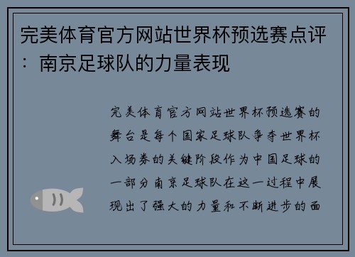 完美体育官方网站世界杯预选赛点评：南京足球队的力量表现
